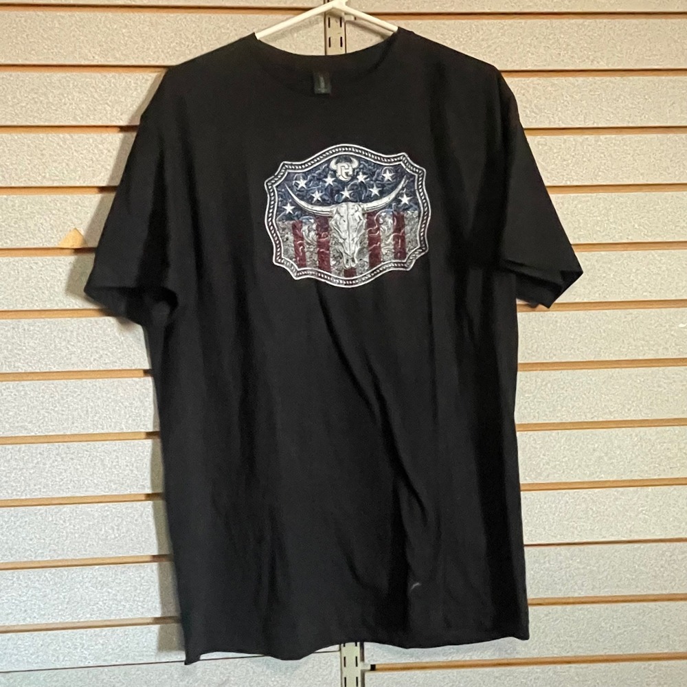 Gildan Softstyle Black Western Belt Buckle Longhorn American Flag T-Shirt Mens L